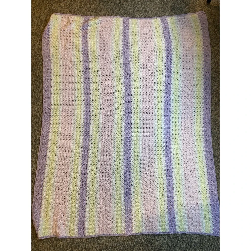 Handmade‎ Knit Pink Purple Yellow Blanket 55
